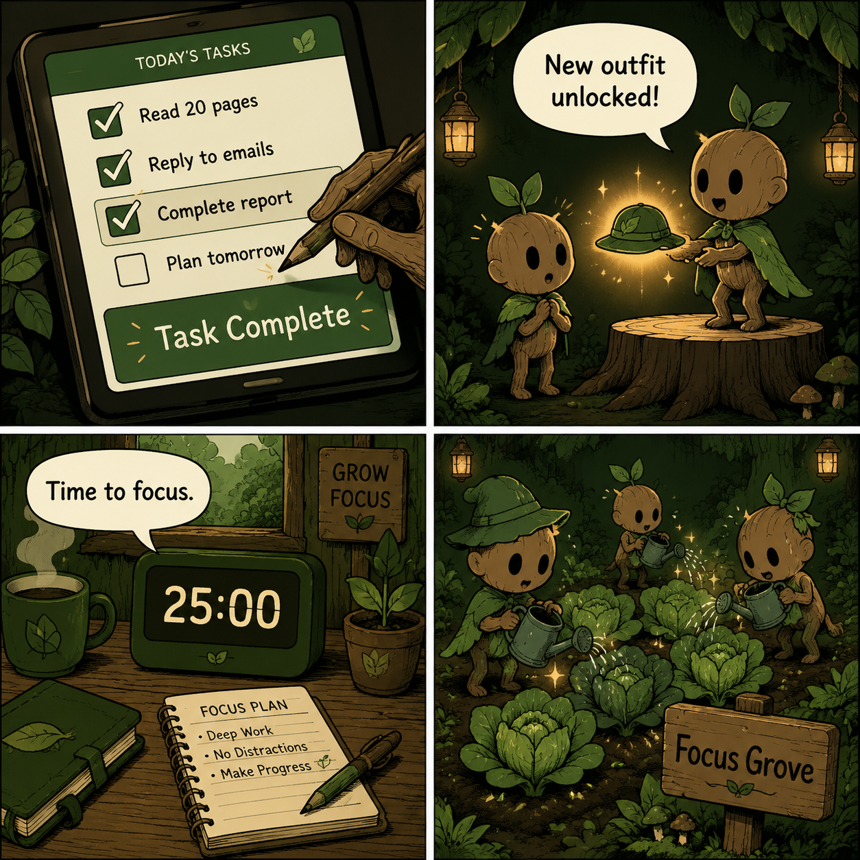 Comic Grid: The productivity loop of Focus Grove